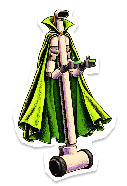 A tall robot in a green vampire cape holding a tray of candy
